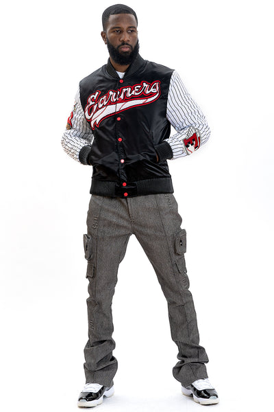 F1047 Earners League Satin Varsity Jacket - Black