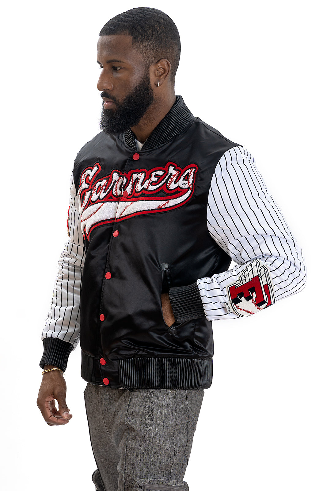 F1047 Earners League Satin Varsity Jacket - Black