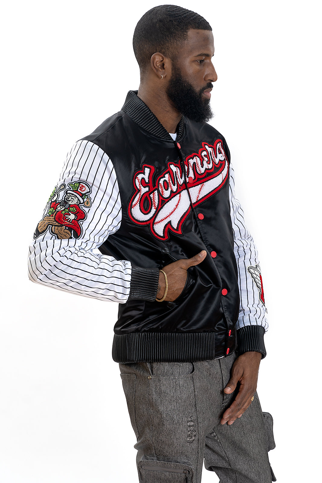 F1047 Earners League Satin Varsity Jacket - Black