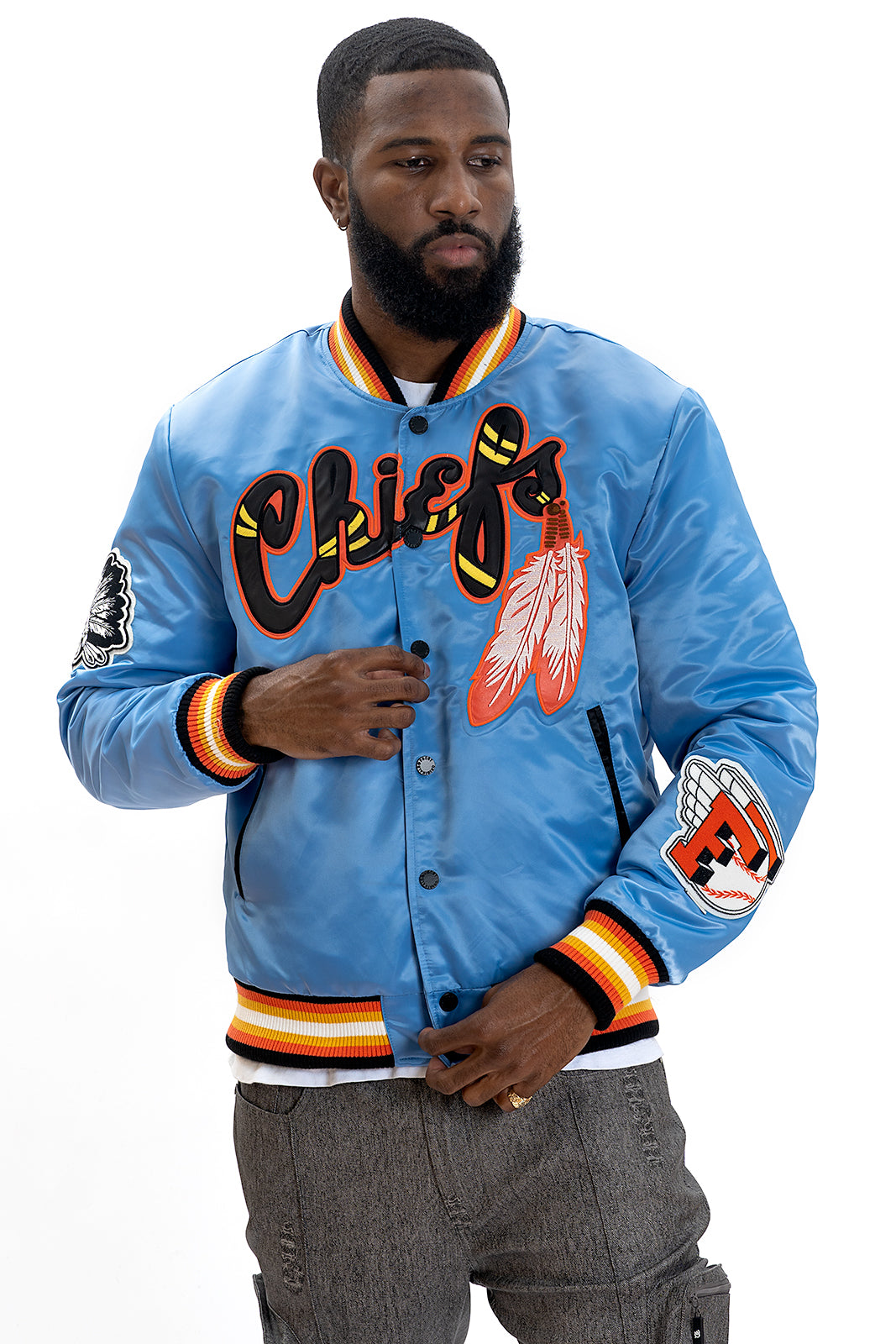 F1057 Chiefs Satin Varsity Jacket - Blue