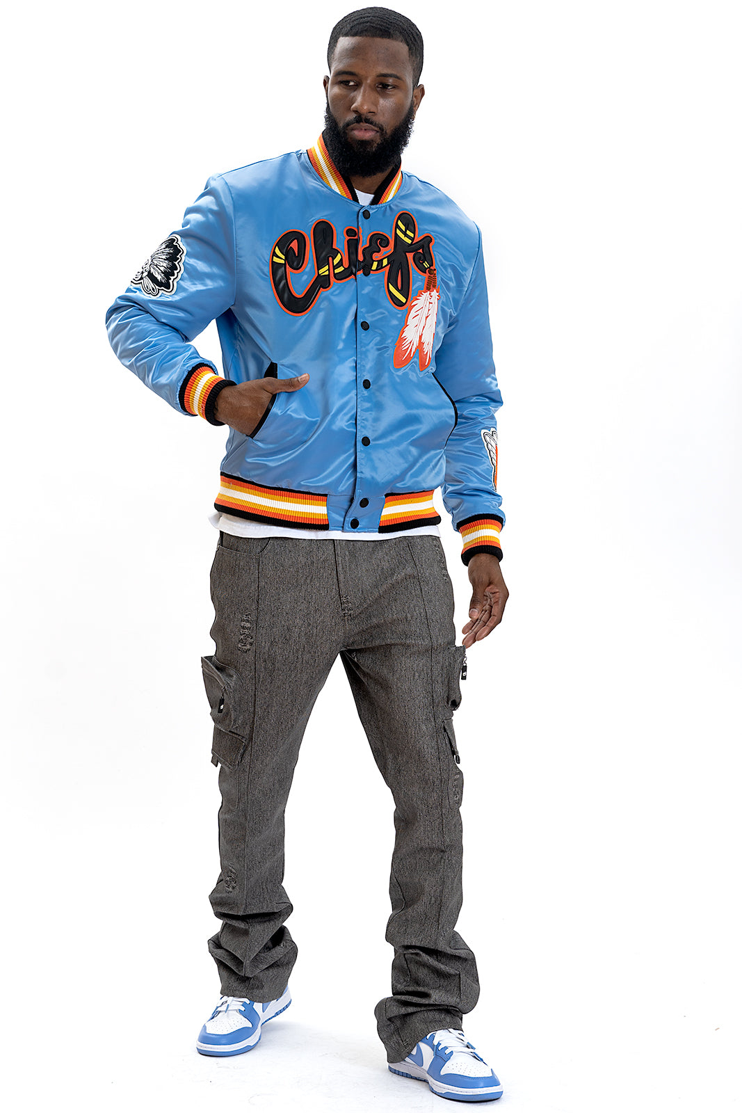 F1057 Chiefs Satin Varsity Jacket - Blue