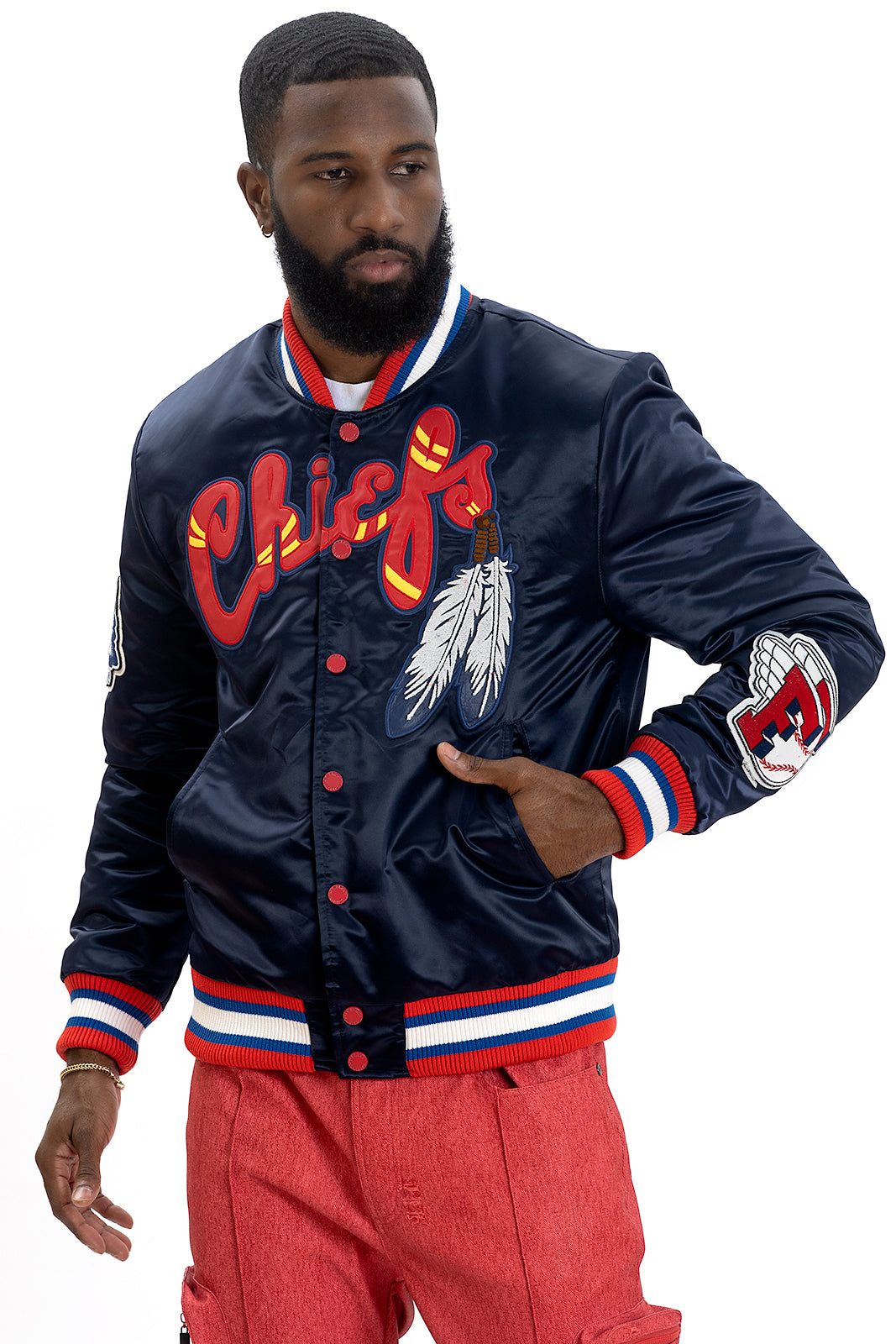 F1057 Chiefs Satin Varsity Jacket - Navy