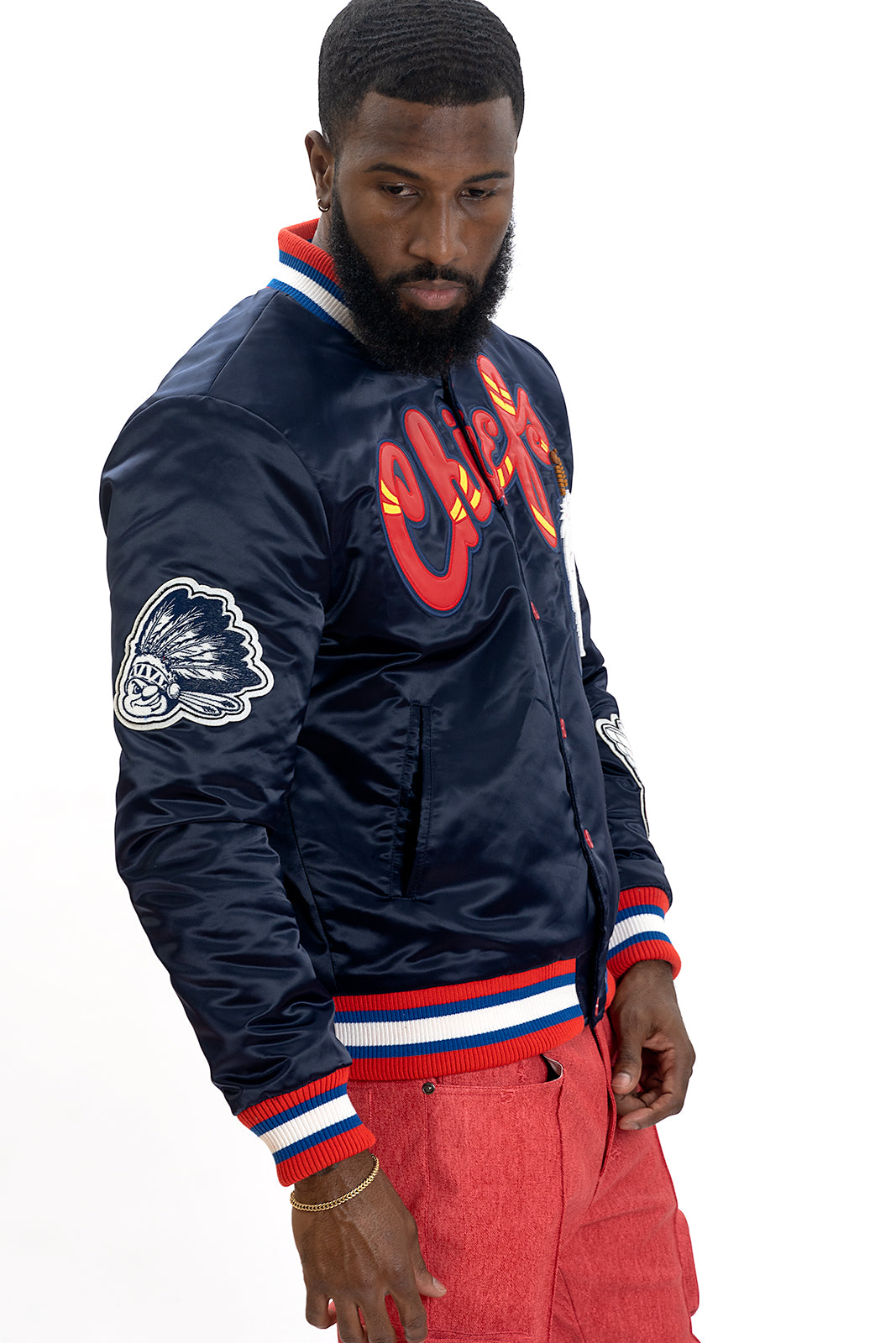 F1057 Chiefs Satin Varsity Jacket - Navy