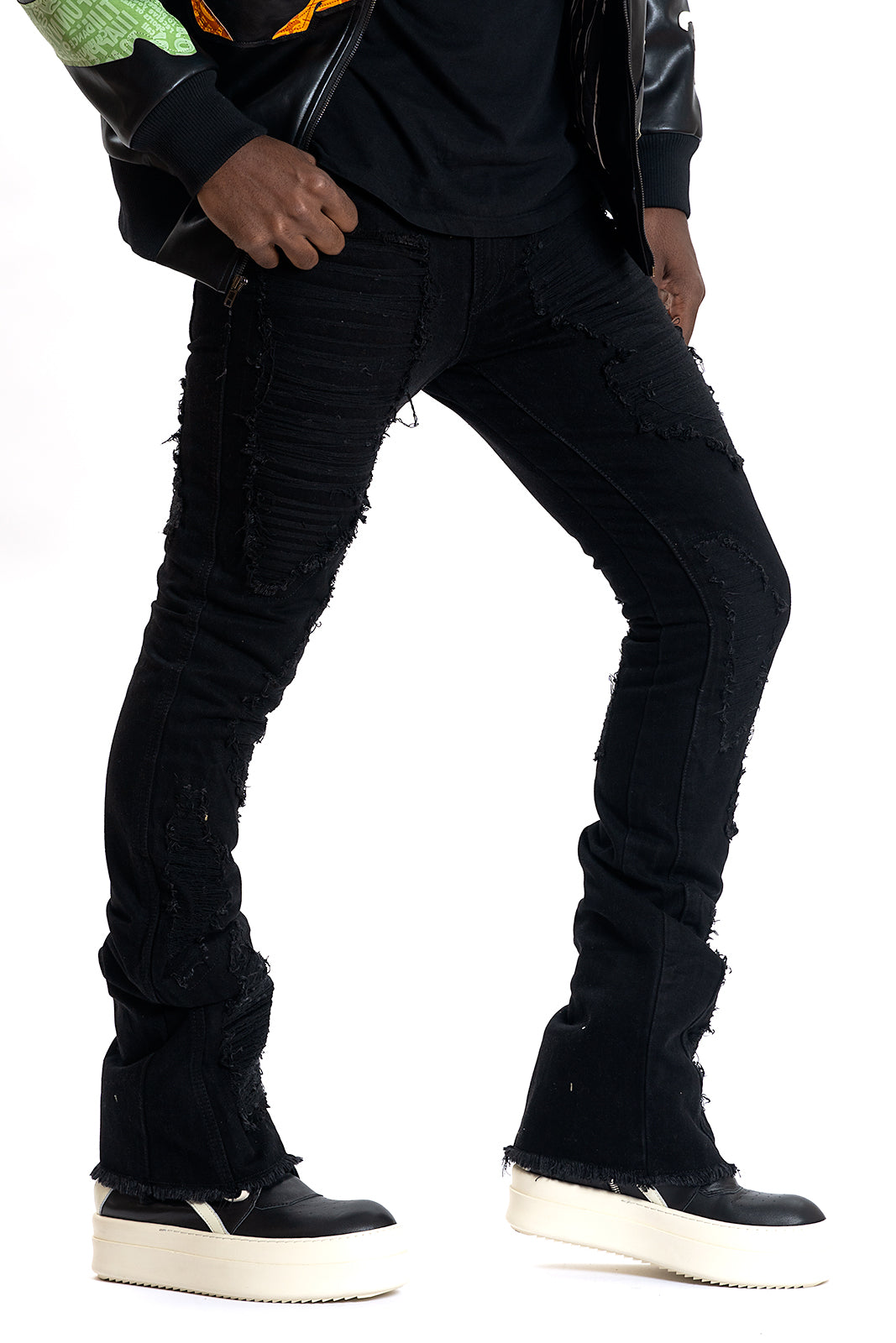 F1772 Basel Distressed Stacked Jeans - Black