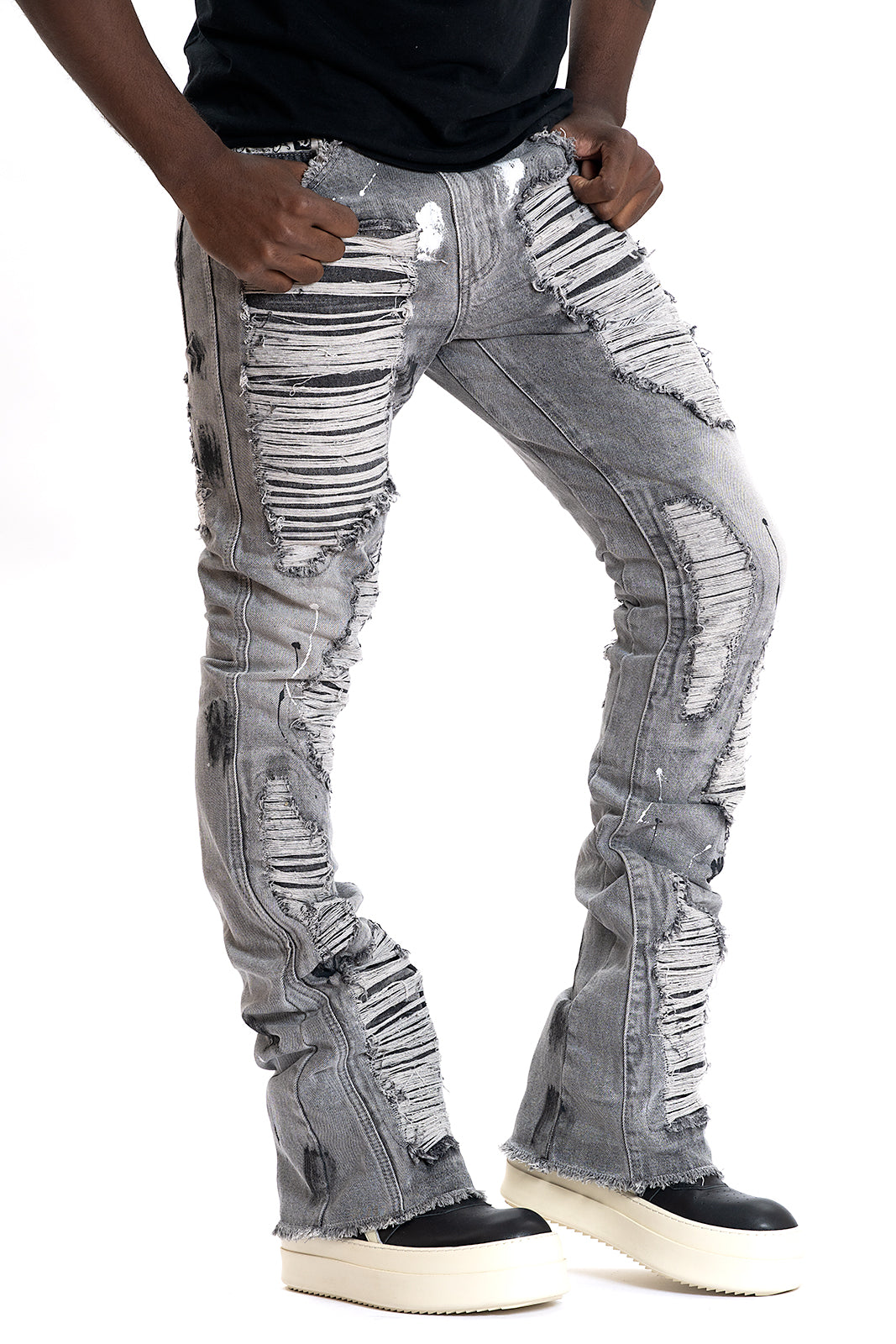 F1772 Basel Distressed Stacked Jeans - Gray