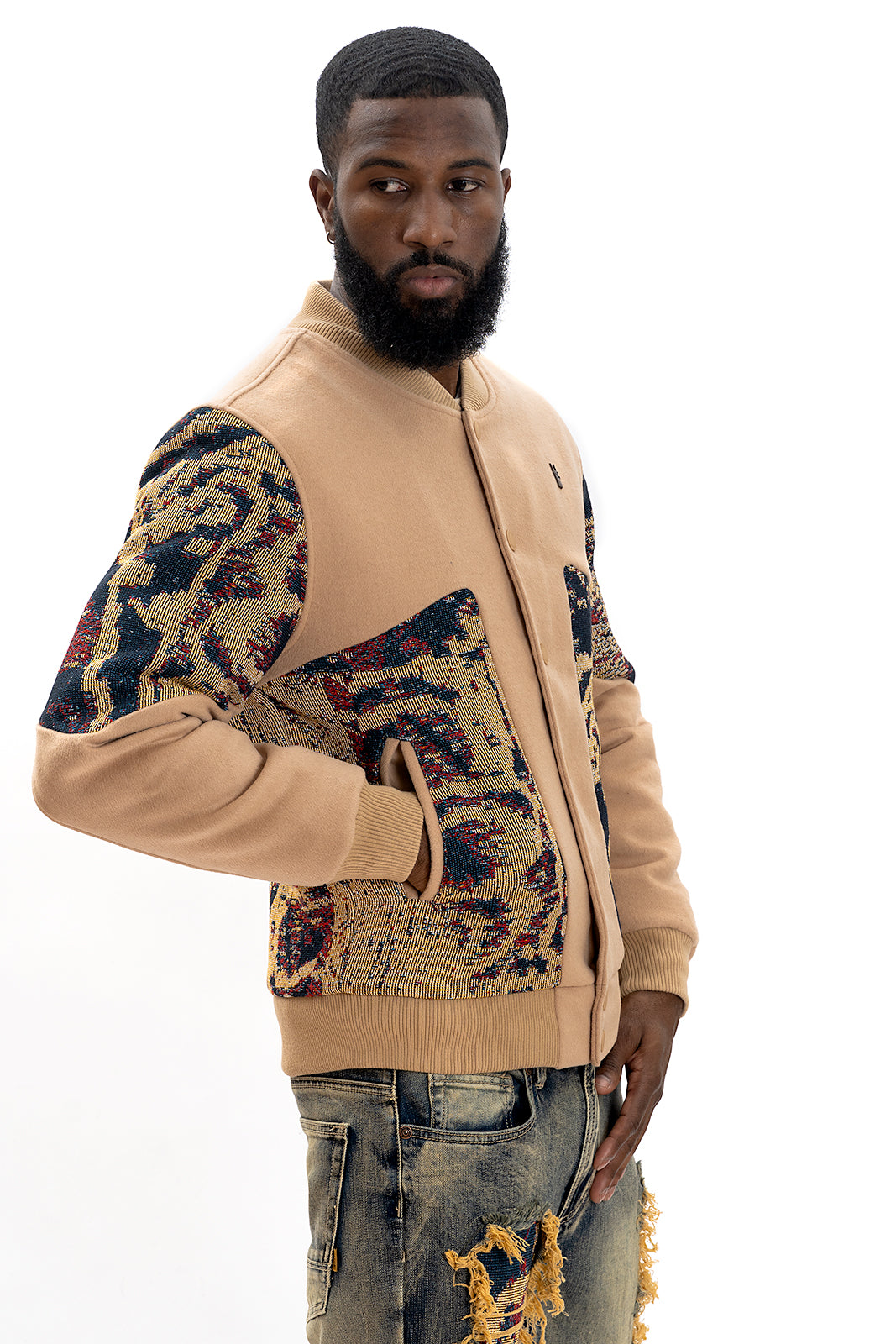 M1099 Bagnoli Tapestry Varsity Jacket - Khaki