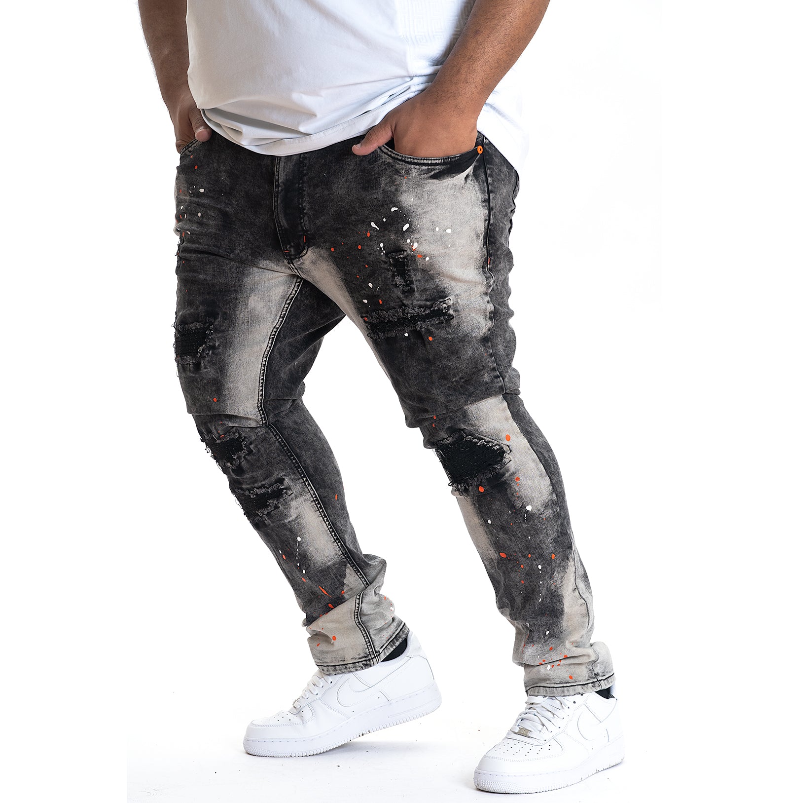 M1725 Shredded Denimu sokoto pẹlu Kun splashes - Black