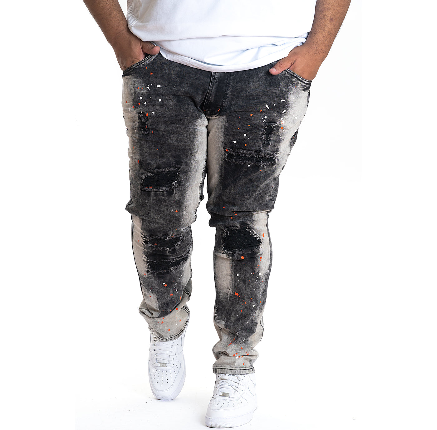 M1725 Shredded Denim Jeans with Paint Splashes - Black