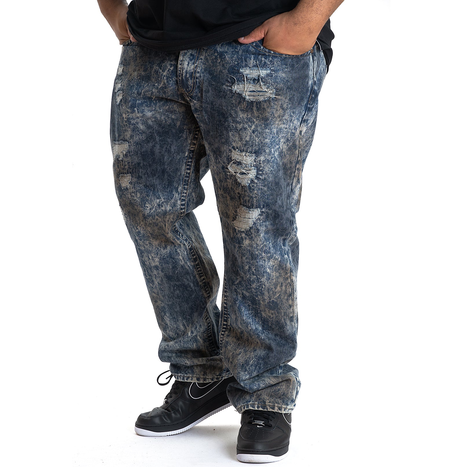 M1778 Marbleized Ripped Jeans - Navy