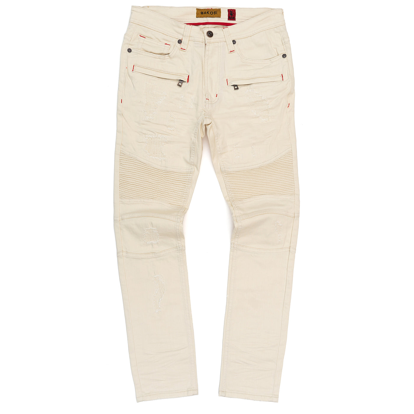 M1786 Makobi Prado Biker Jeans with Rip &amp; Repair - Natural