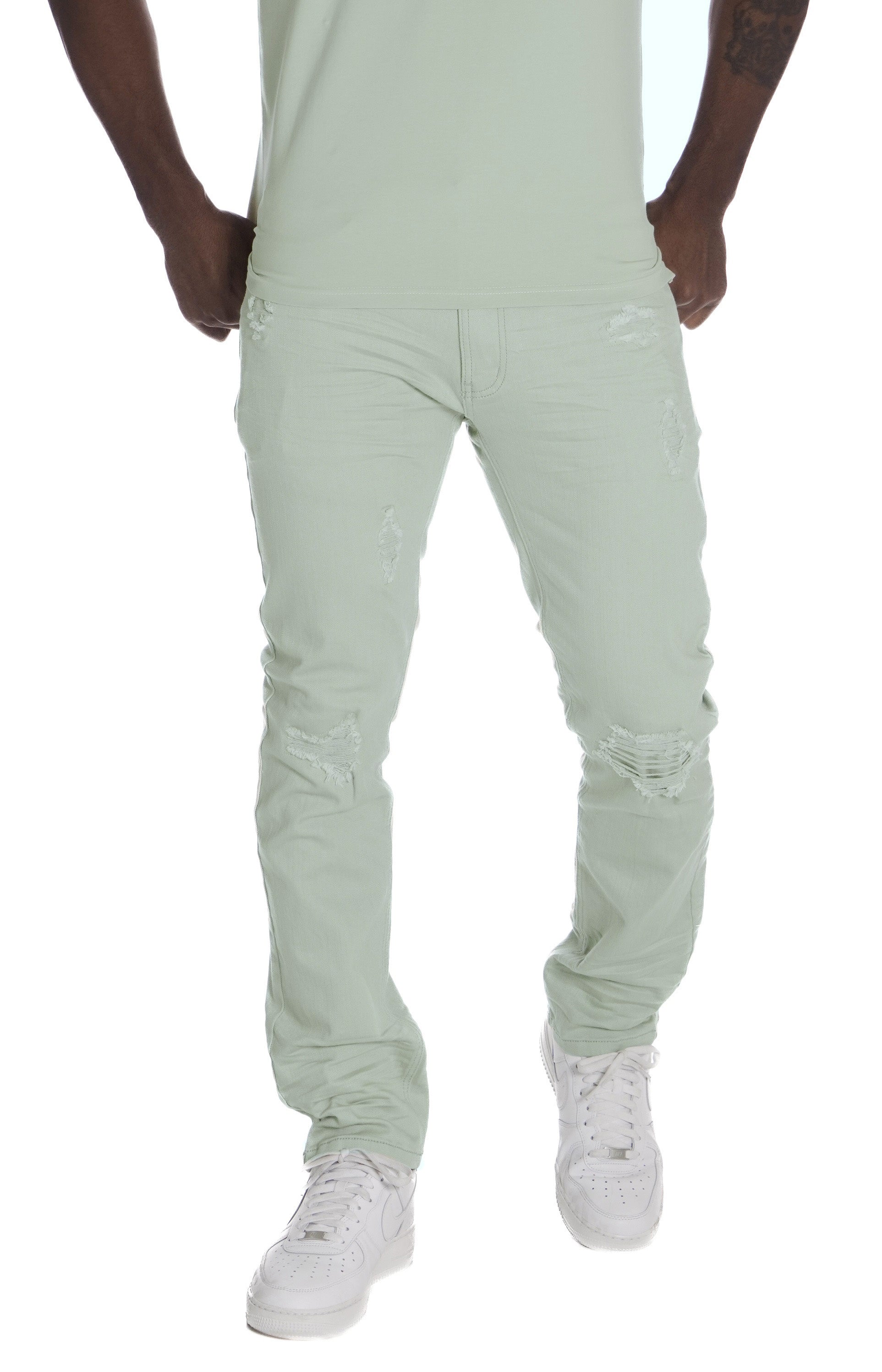 M1932 Makobi Brighton Shredded Twill Jeans - Light Olive