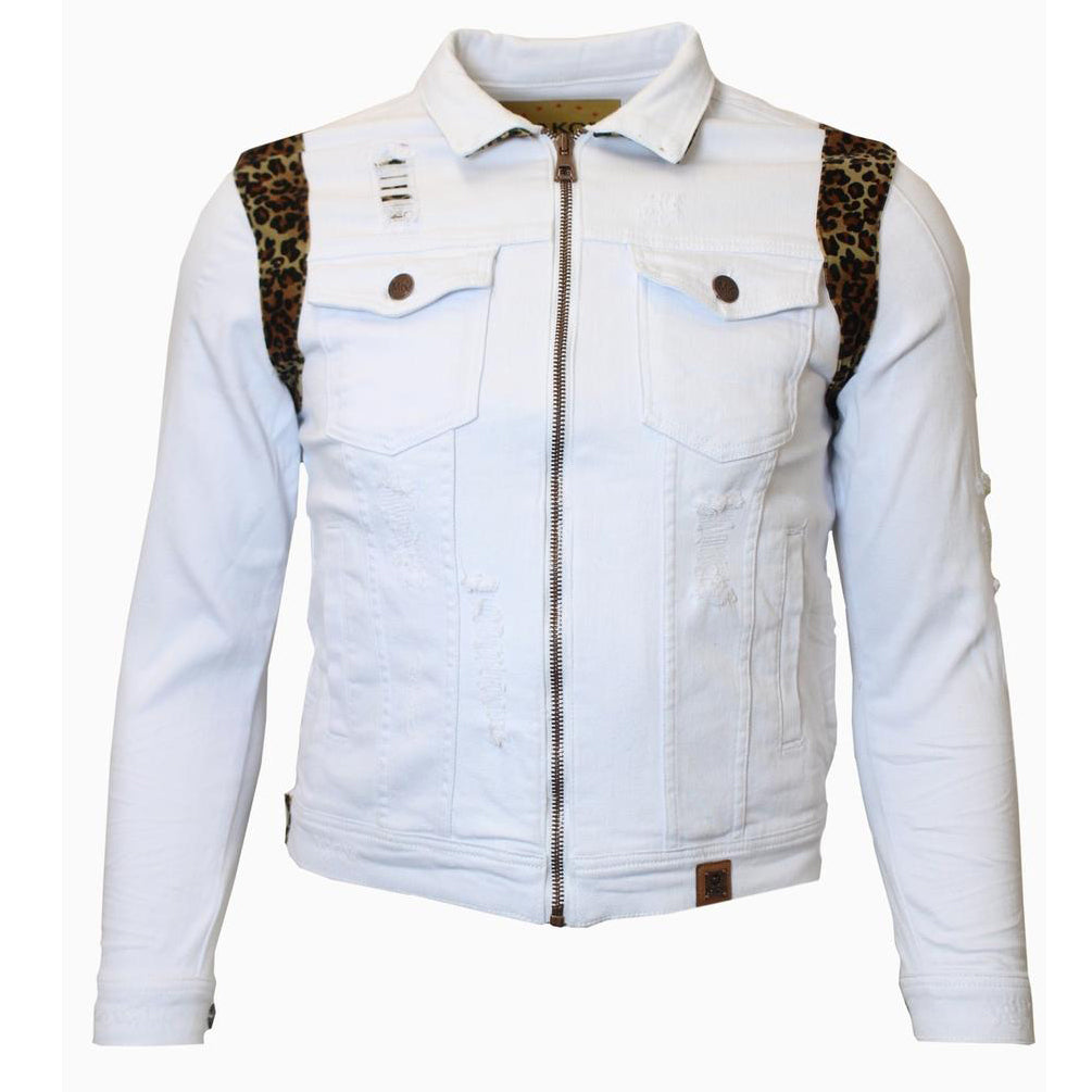 M1082 Denim Jacket with Leopard Prints - White