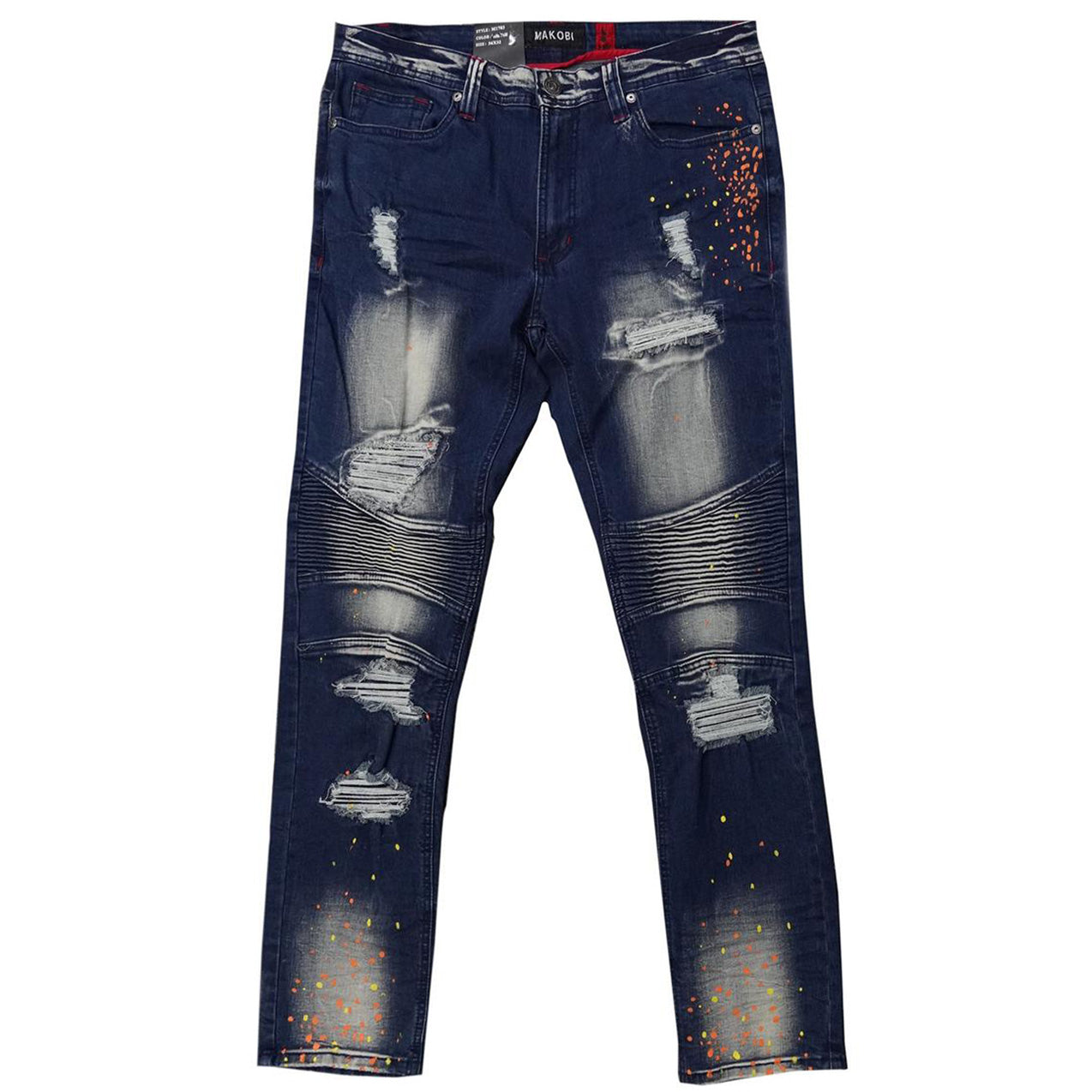 M1783 Makobi Cape Biker Jeans with Paint Splash - Dark Wash