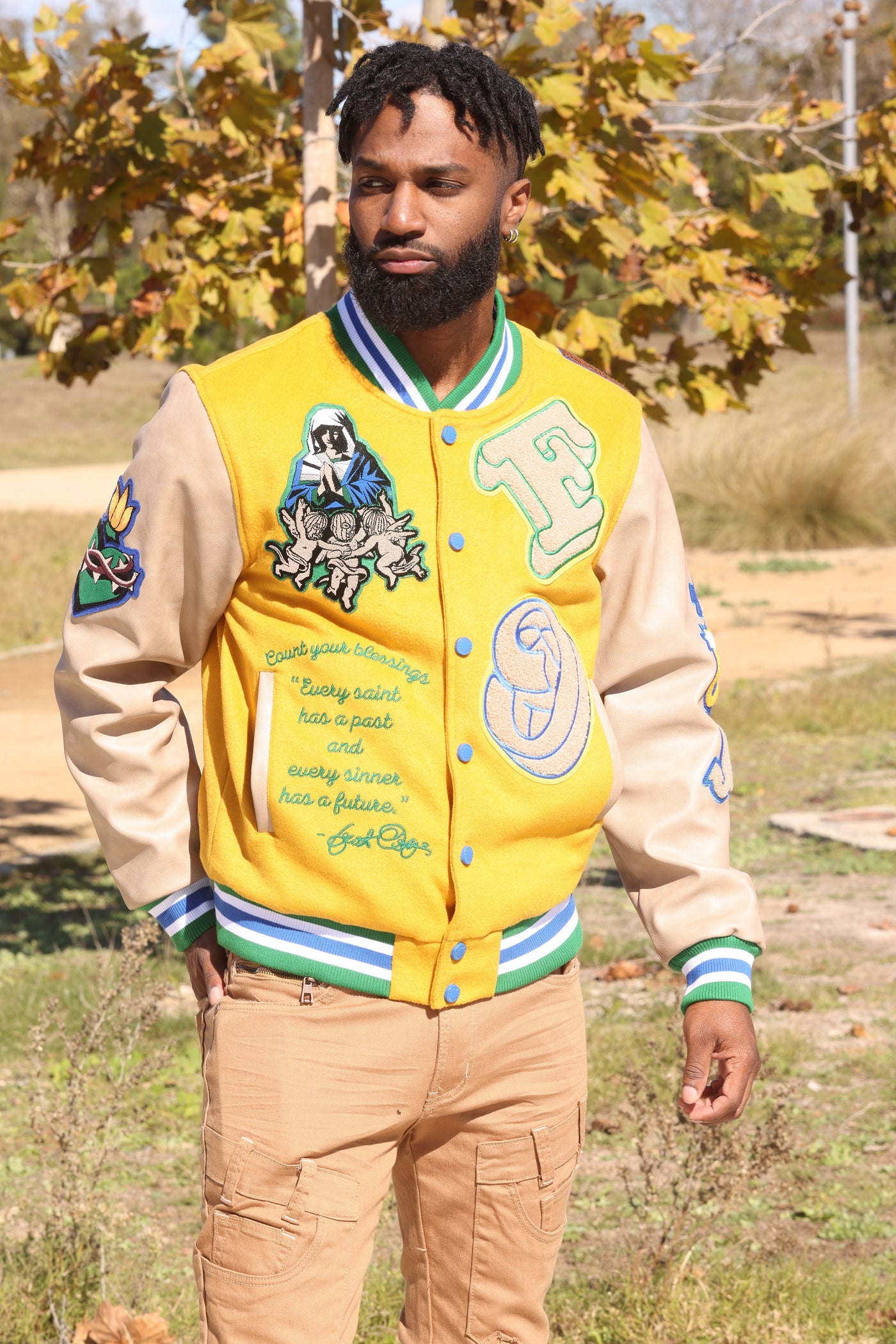 F1021 "SAINTS" Wool Varsity Jacket - Wheat