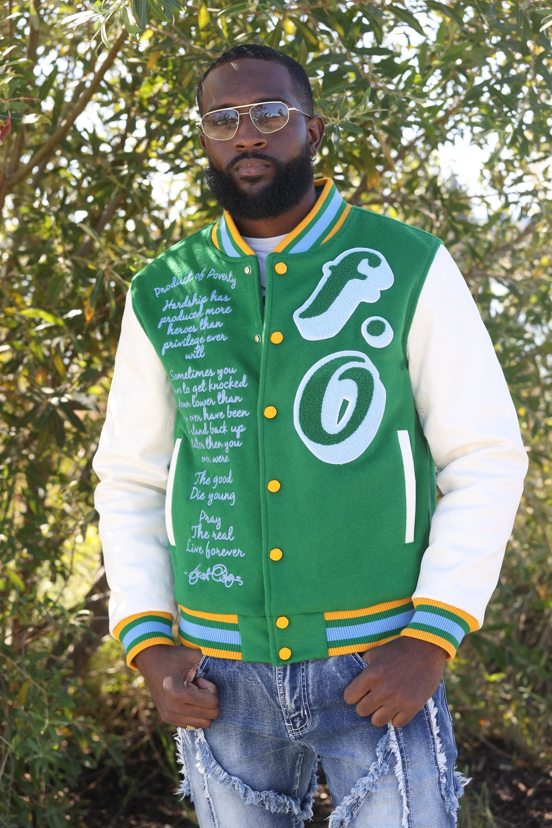 F1026 Product of Poverty Varsity Jacket - Green