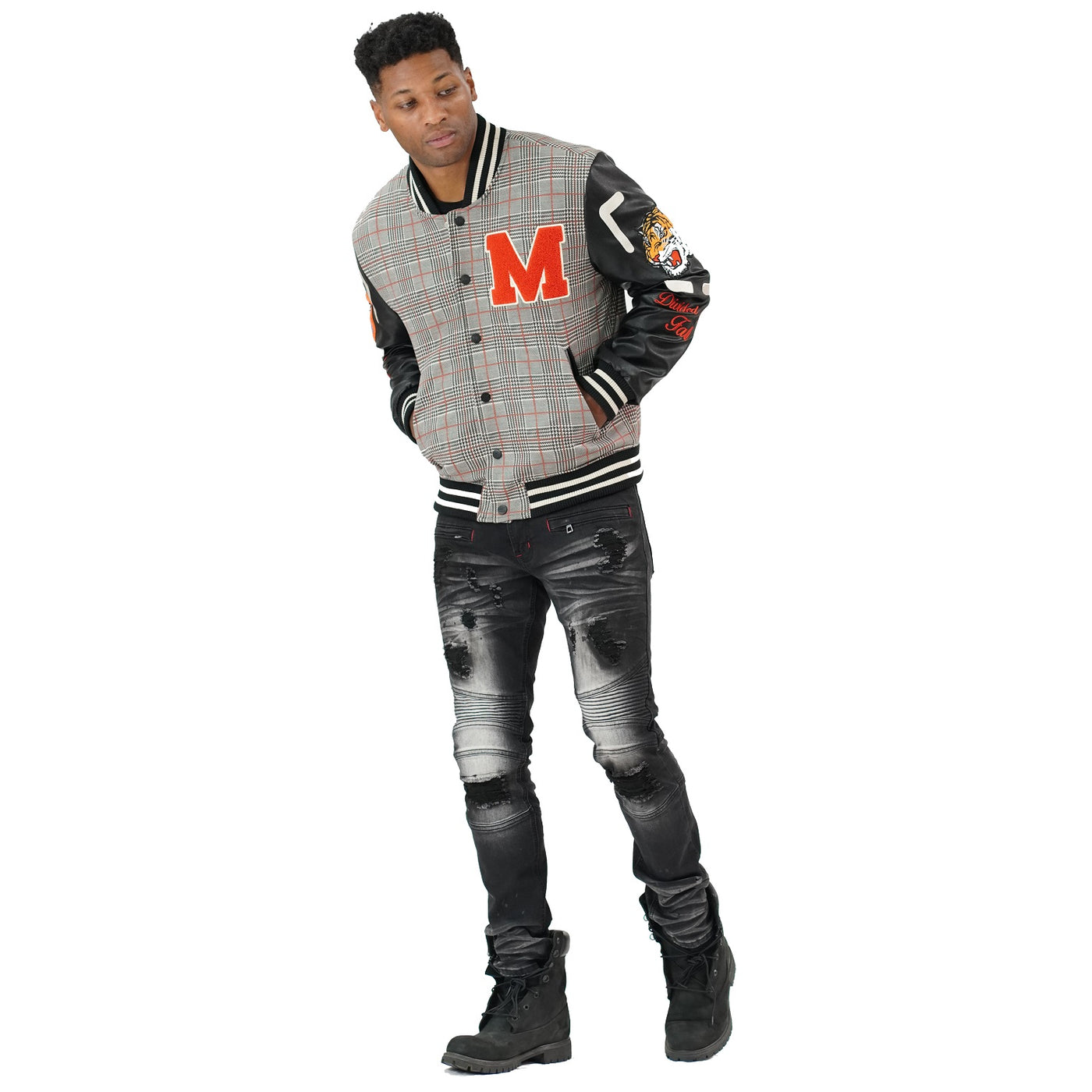 M4315 Vercelli Plaid Varsity Jacket - Black