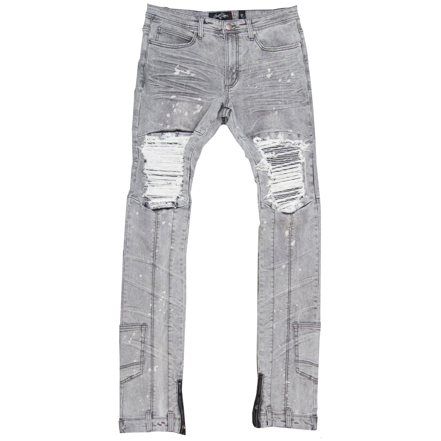 F1748 Shredded Biker Denimu sokoto w/ Isalẹ Ẹsẹ idalẹnu | 40-inch Inseam - Grey