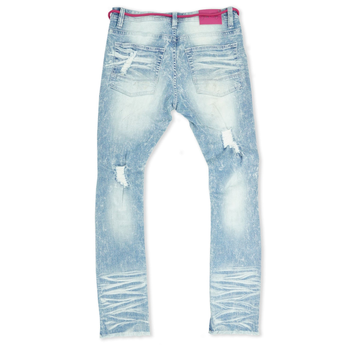 F1756 Denimu Jeans pẹlu Rhinestones &amp; Idasonu Ẹsẹ Isalẹ - Fifọ ina/Pinki