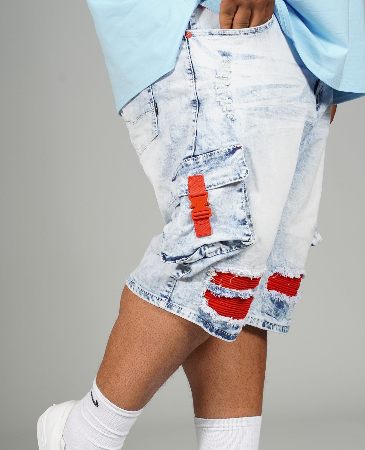 M936 - Makobi Denimu Cargo Shorts - Light Wẹ