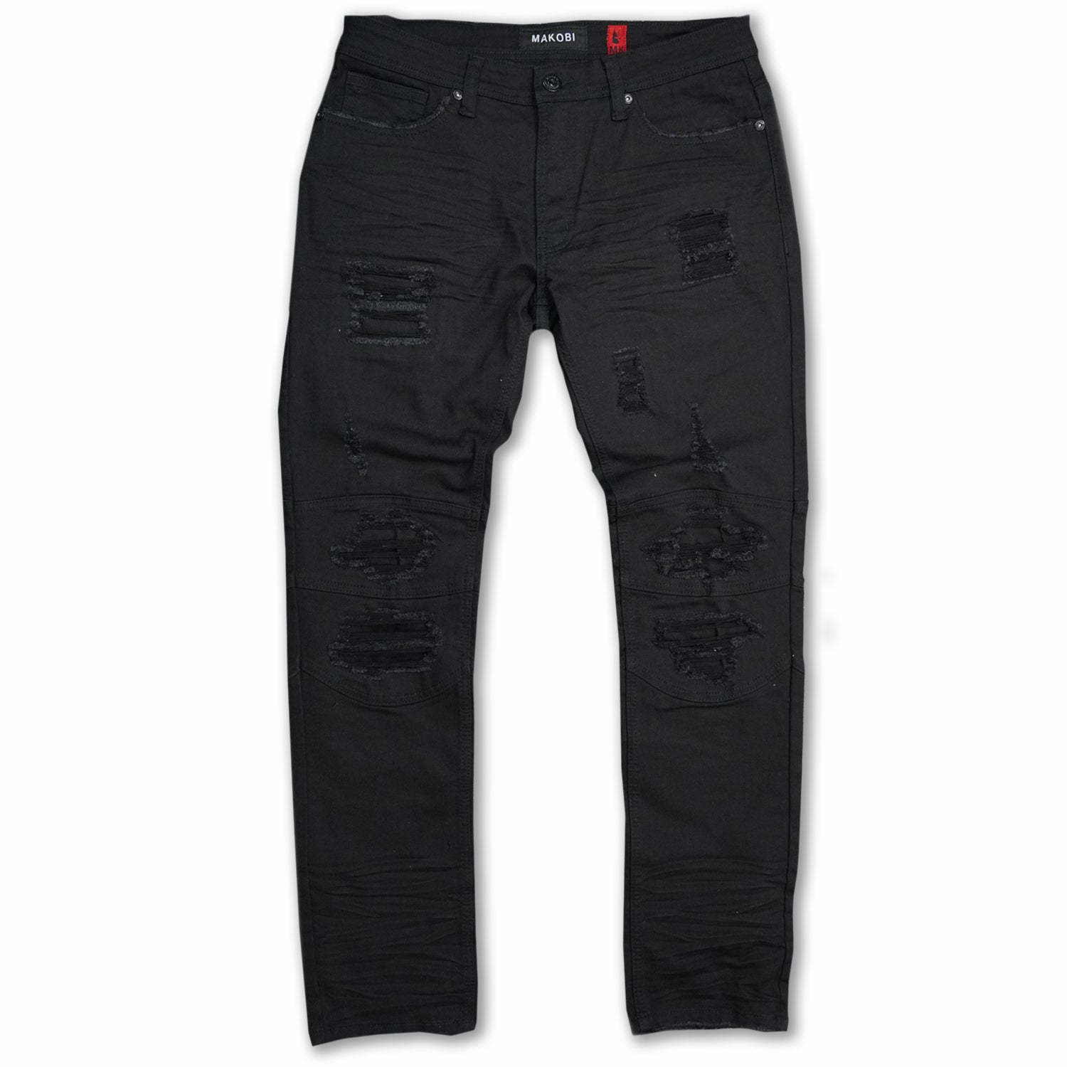 M1749 Makobi Sanded Biker Jeans pẹlu Rip & Tunṣe- Black / Black