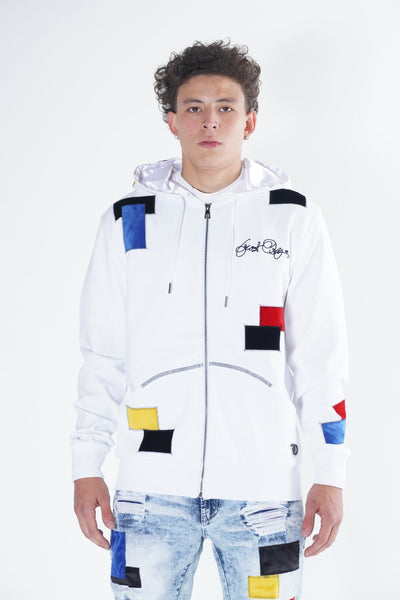 F5715 Frost Patchwork Zip Up Hoodie - White