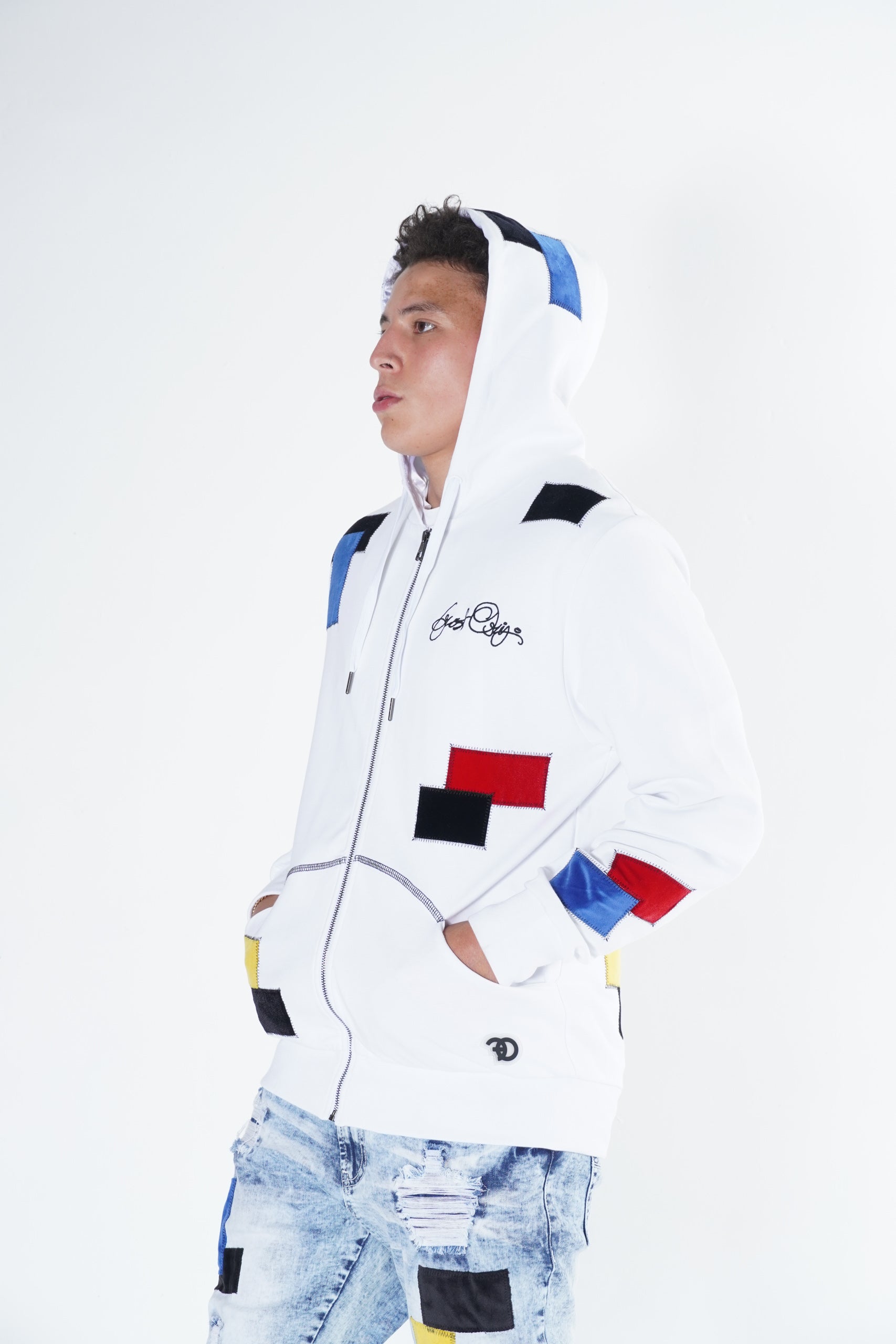 F5715 Frost Patchwork Zip Up Hoodie - White