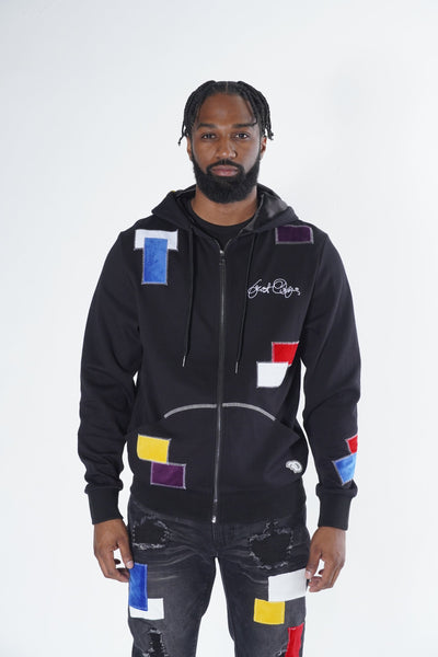 F5715 Frost Patchwork Zip Up Hoodie - Black