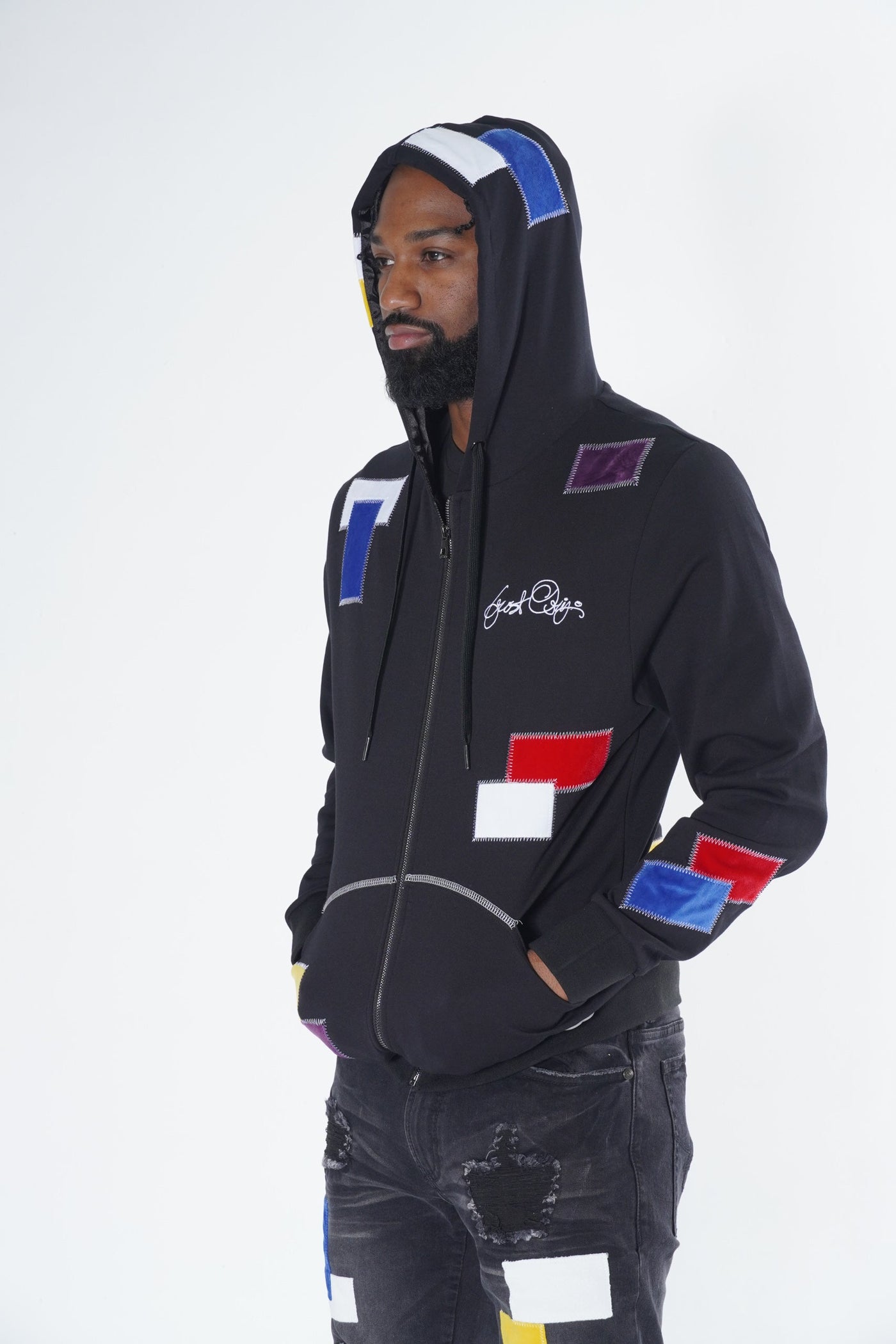 F5715 Frost Patchwork Zip Up Hoodie -  Black