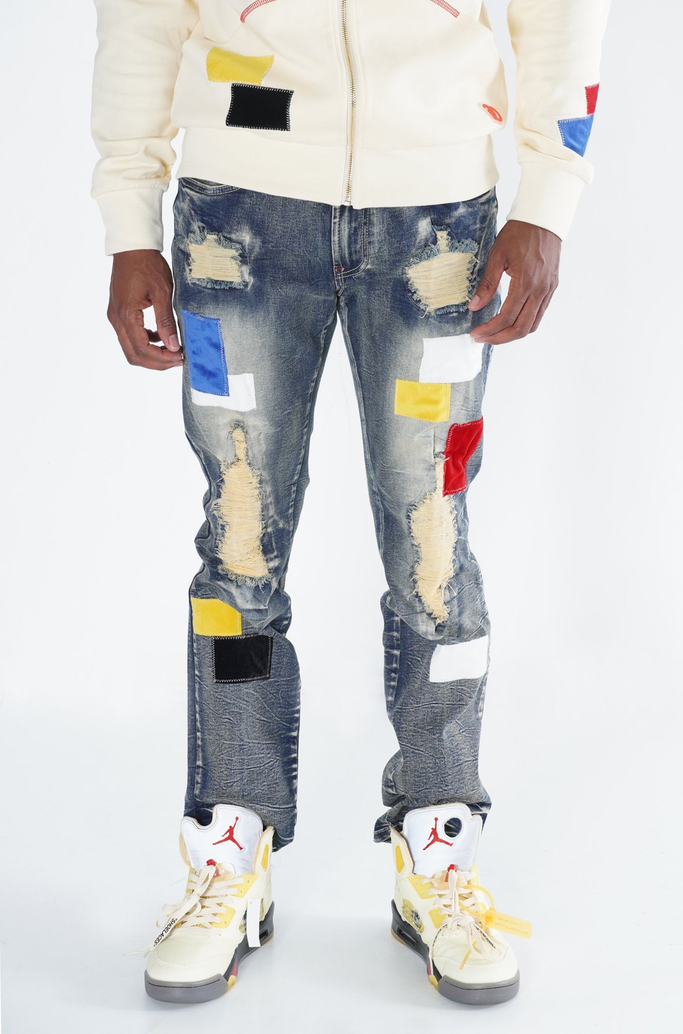 F1715 Frost Patchwork Denim Shredded Jeans  - Dirt