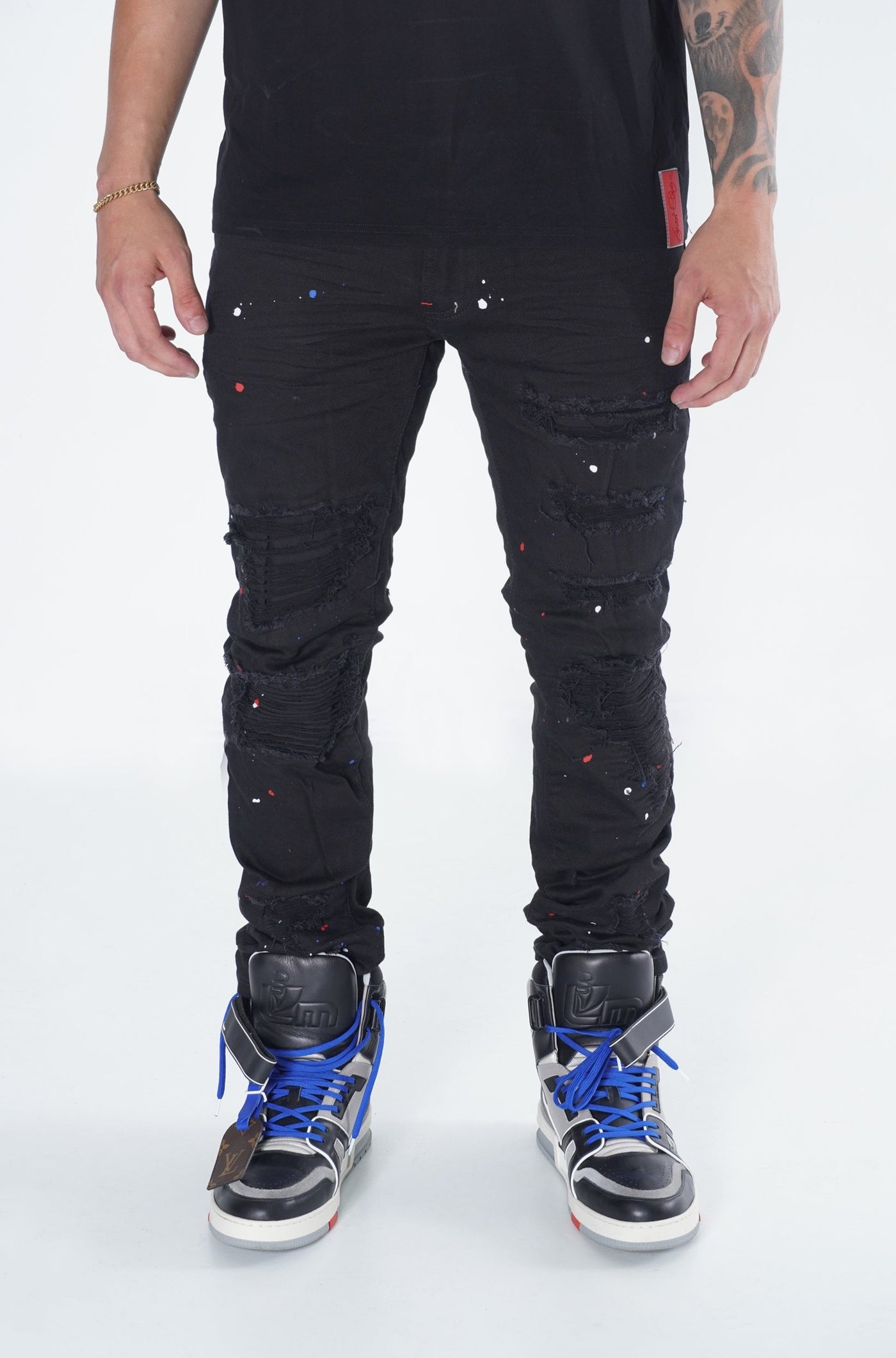 F1778  Frost Shredded Jeans w/ paint - Black