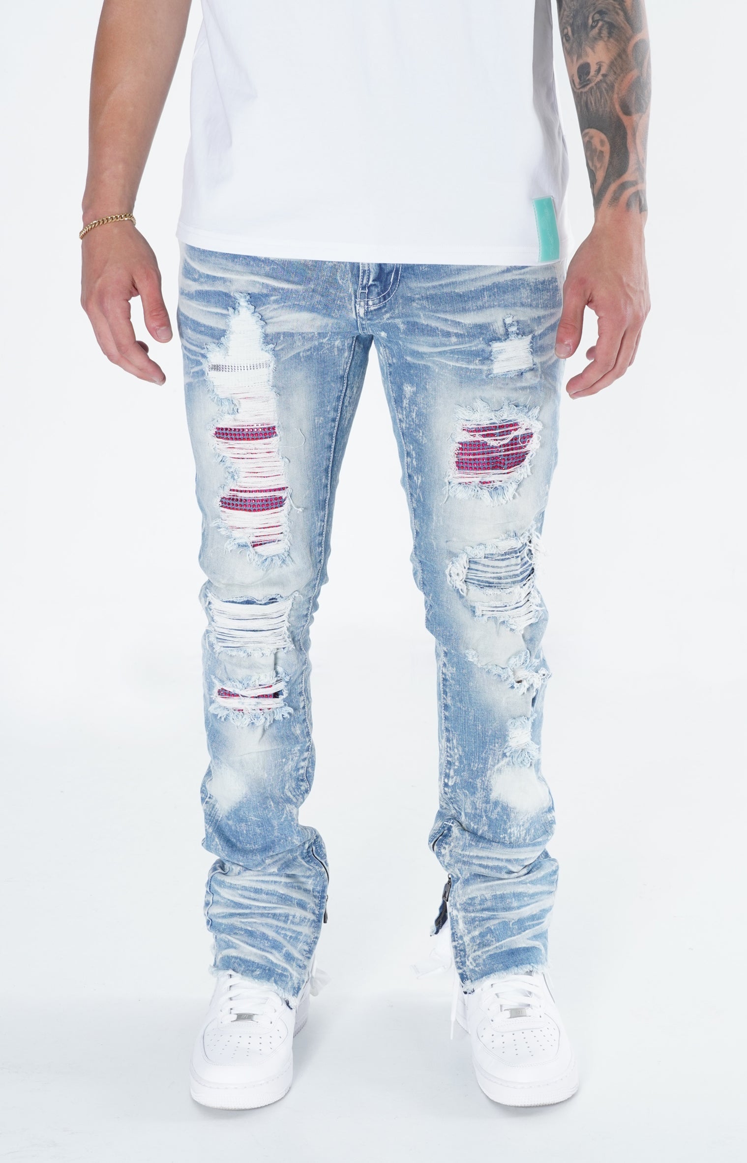 F1756 Denim Jeans w/ Rhinestones & Bottom Leg Zipper - Light Wash/Pink