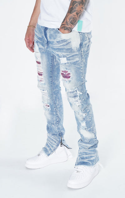 F1756 Denimu Jeans pẹlu Rhinestones &amp; Idasonu Ẹsẹ Isalẹ - Fifọ ina/Pinki