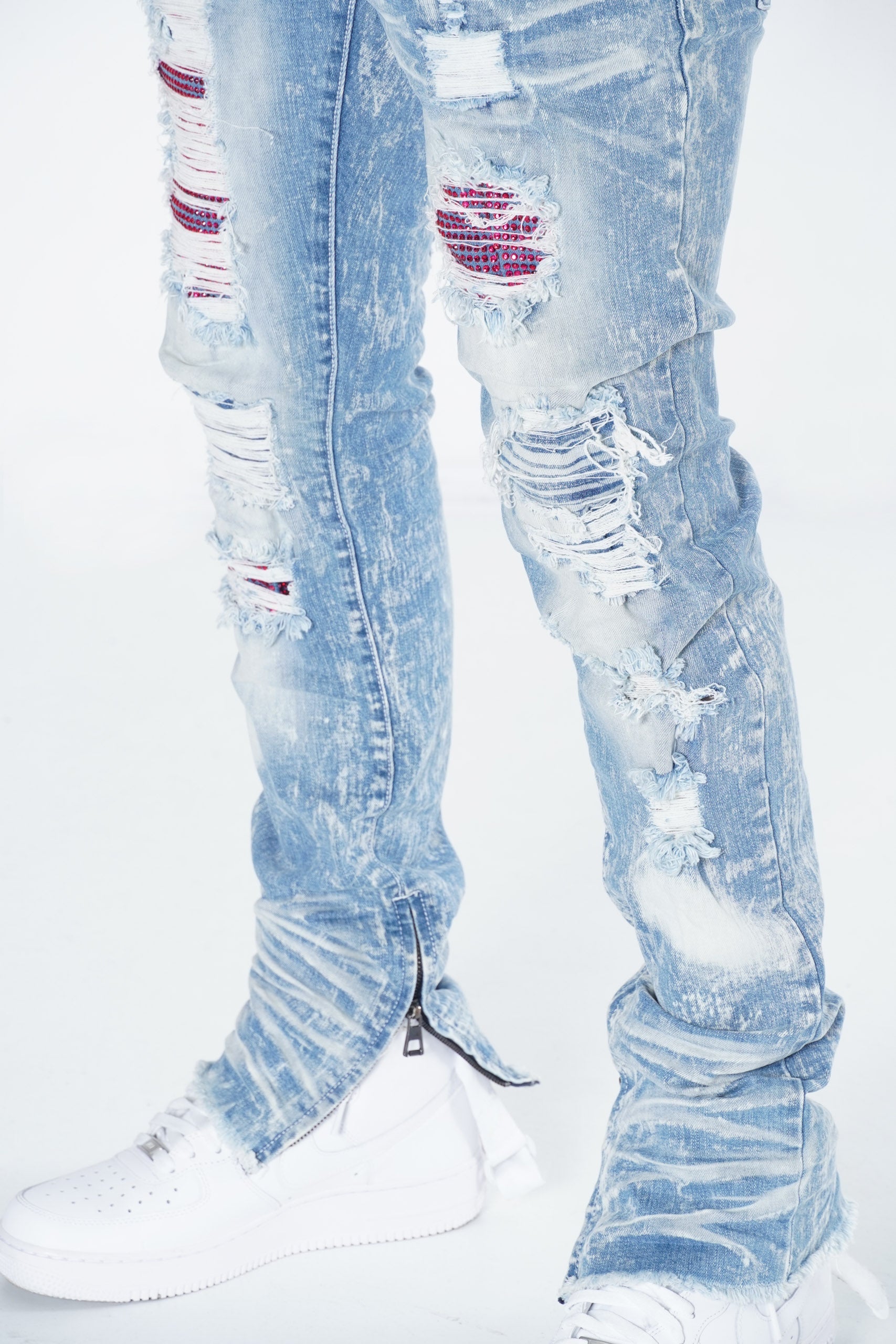 F1756 Denimu Jeans pẹlu Rhinestones & Idasonu Ẹsẹ Isalẹ - Fifọ ina/Pinki