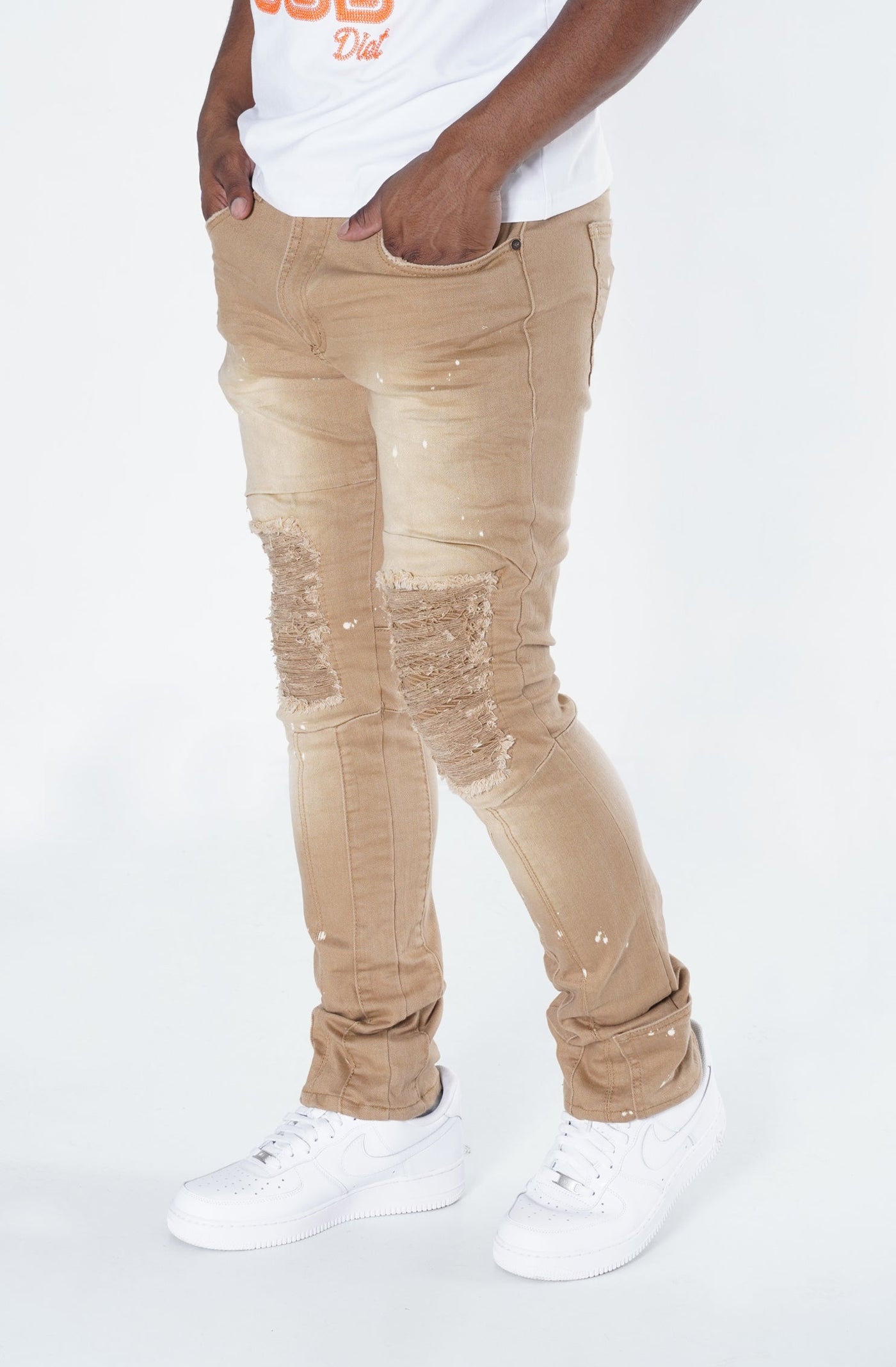 F1748A Shredded Biker Denimu sokoto w/ Isalẹ Ẹsẹ idalẹnu | 32-inch Inseam - Khaki