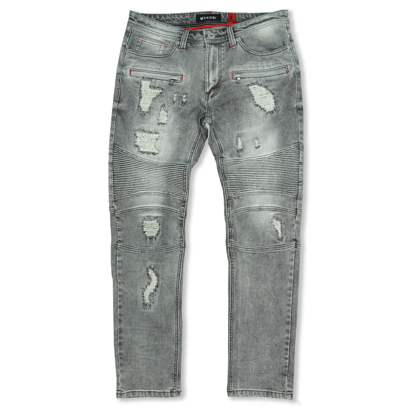 M1786 Makobi Prado Biker Jeans with Rip &amp; Repair - خاکستری