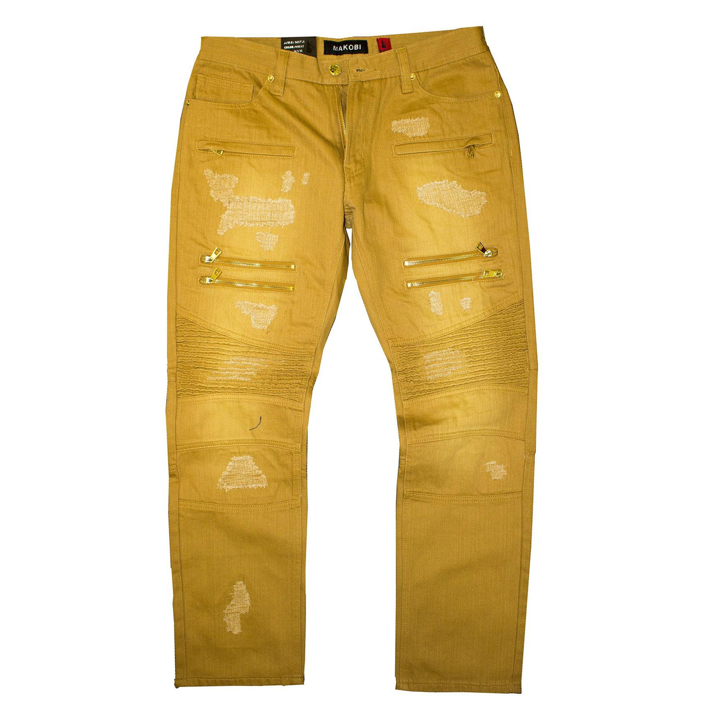 M1741 Makobi Sanded Biker Jeans pẹlu Rip &amp; Tunṣe Stitches - Alikama