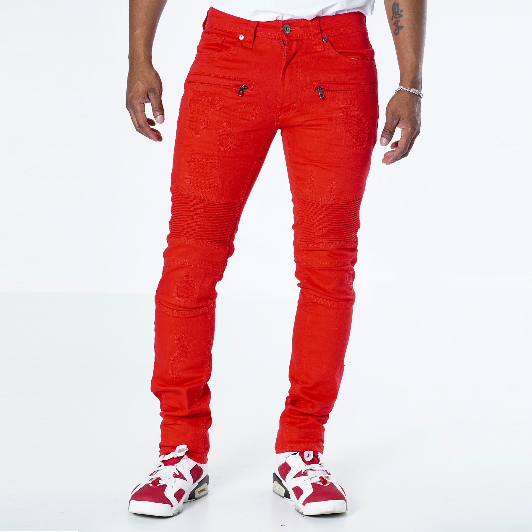 M1786 Makobi Prado Biker Jeans with Rip & Repair - Red