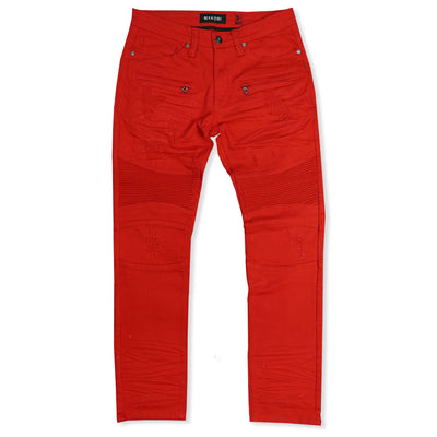 M1786 Makobi Prado Biker Jeans with Rip &amp; Repair - Red