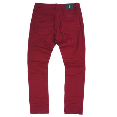 M1786 Makobi Prado Biker Jeans with Rip &amp; Repair - Burgundy