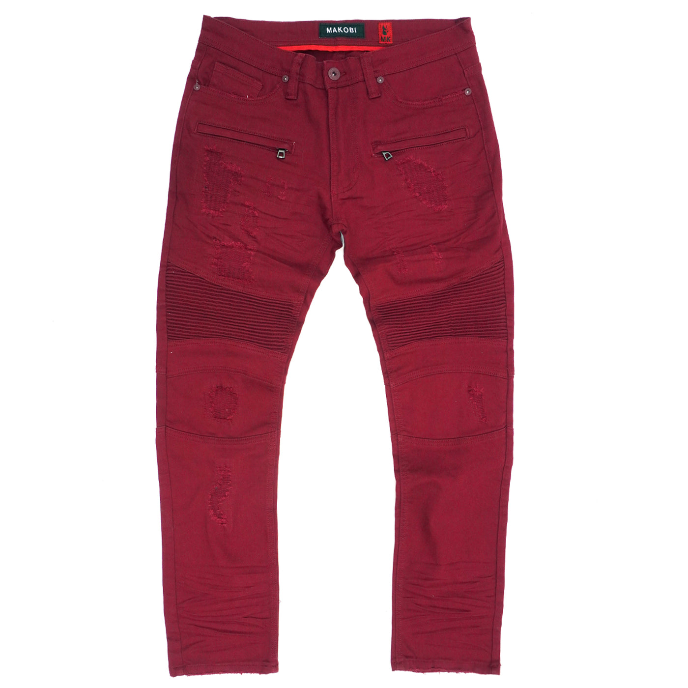 M1786 Makobi Prado Biker Jeans pẹlu Rip &amp; Tunṣe - Burgundy