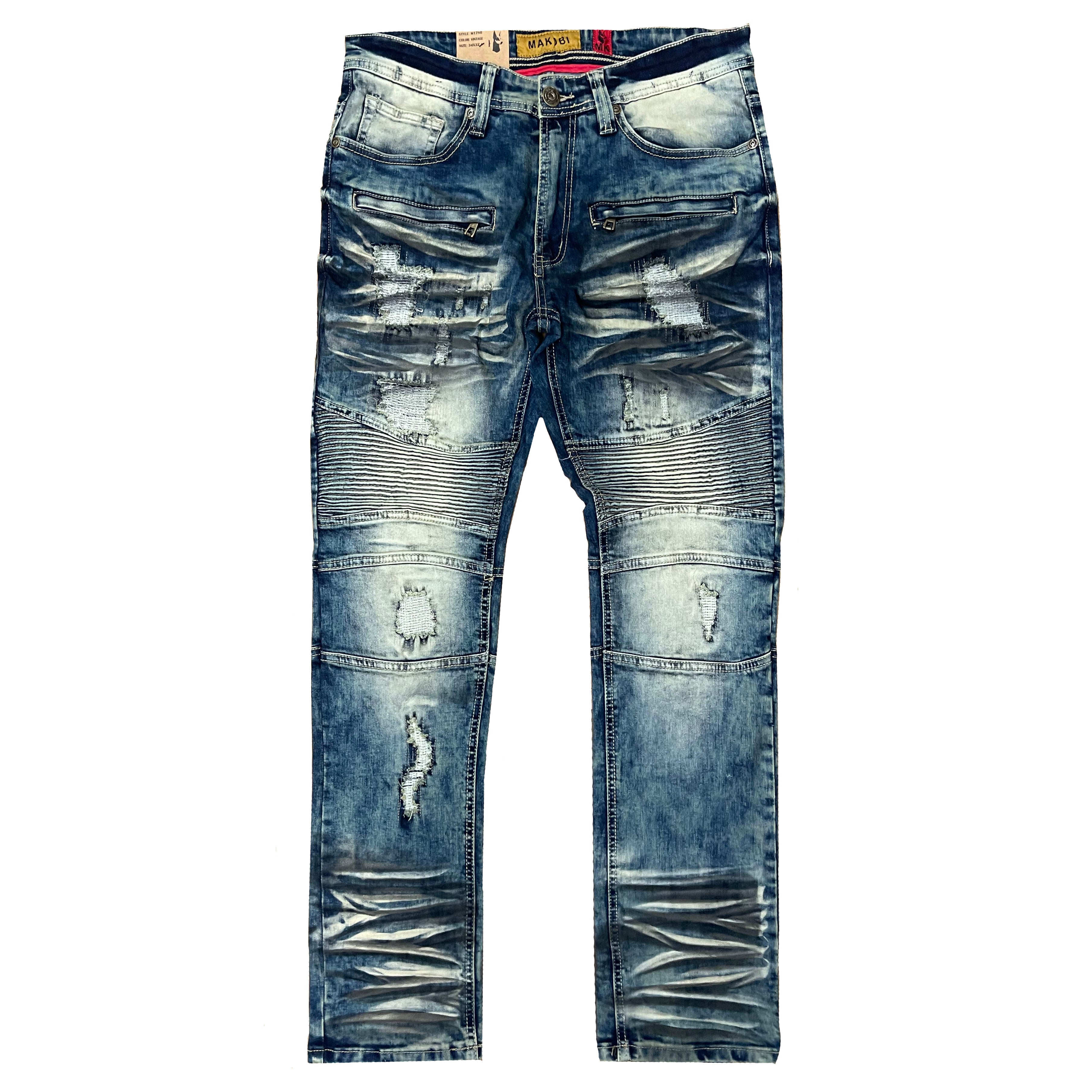 M1786 Makobi Prado Biker Jeans with Rip & Repair - Vintage Wash (جدید)