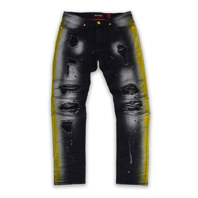 M1938 Paint Stroke Shredded Denim Jeans - Black Wash