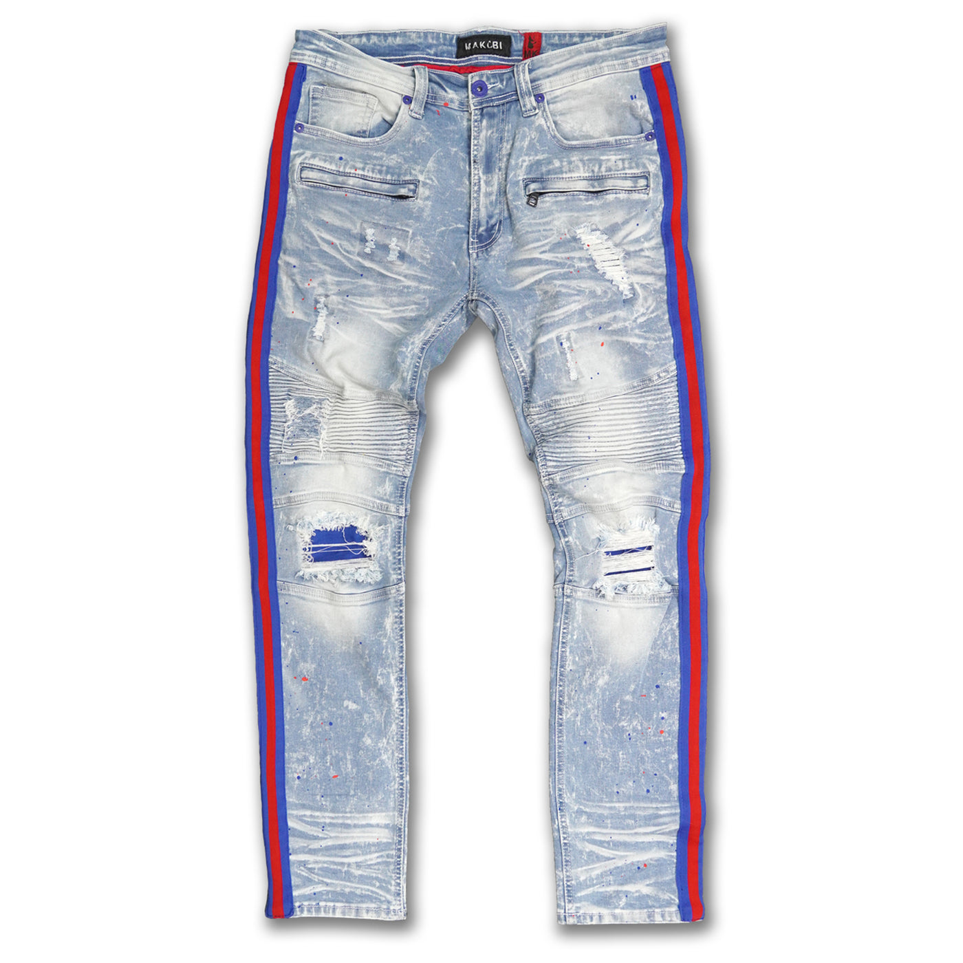 M1983 Destine Biker Jeans- Ifọ ina (pupa &amp; teepu ẹgbẹ bulu)