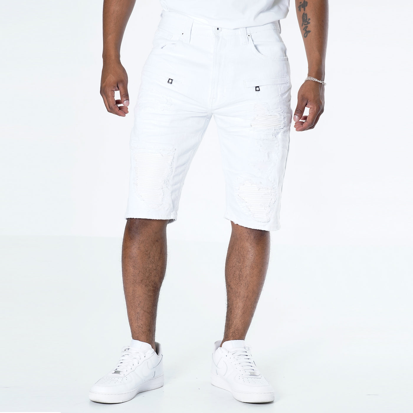 M970 Galveston Biker Shredded Shorts - White