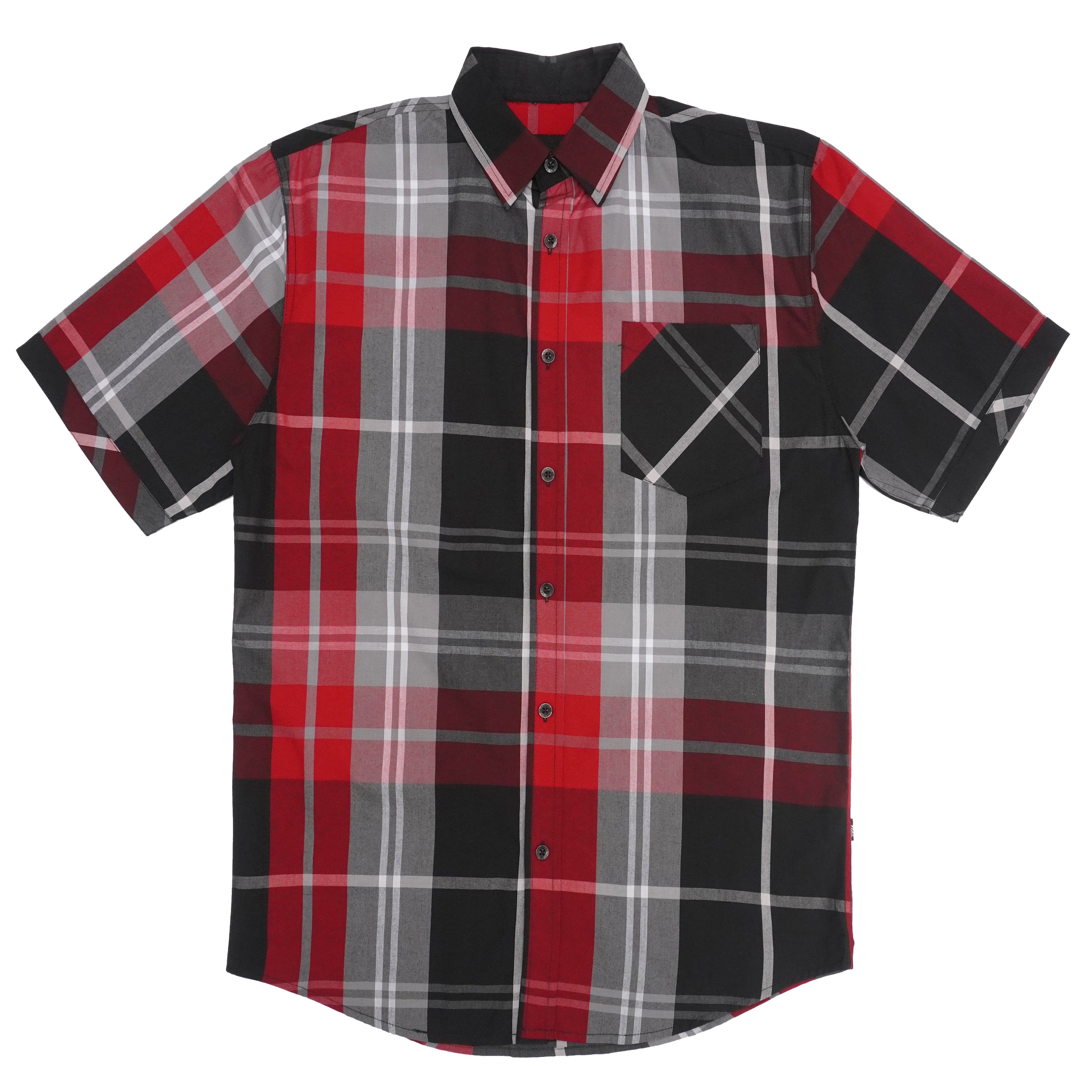 V845 Veno Button-Down Plaid Short Sleeves - Black-Red