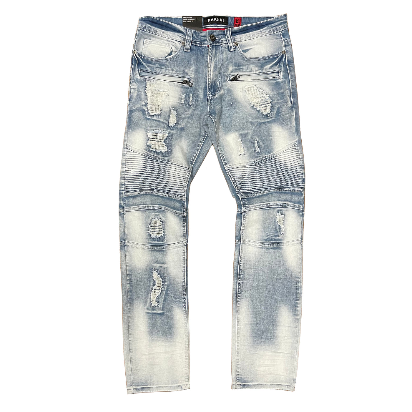 M1786 Makobi Prado Biker Jeans with Rip &amp; Repair - Light Wash (RECUT)